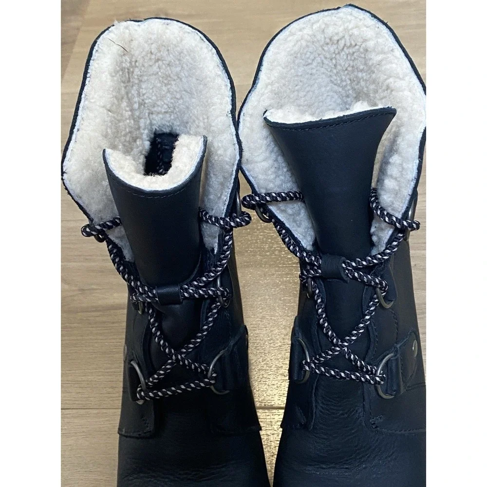 Sorel Joan of Arctic Wedge Black Leather Shearling Winter Snow Boots Women's 8.5